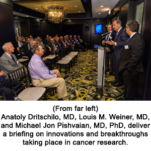 (From far left) Anatoly Dritschilo, MD, Louis M. Weiner, MD, and Michael Jon Pishvaian, MD, PhD, deliver a briefing on innovations and breakthroughs taking place in cancer research. 