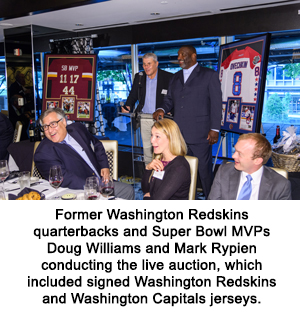 Former Washington Redskins quarterbacks and Super Bowl MVPs Doug Williams and Mark Rypien conducting the live auction, which included signed jerseys.