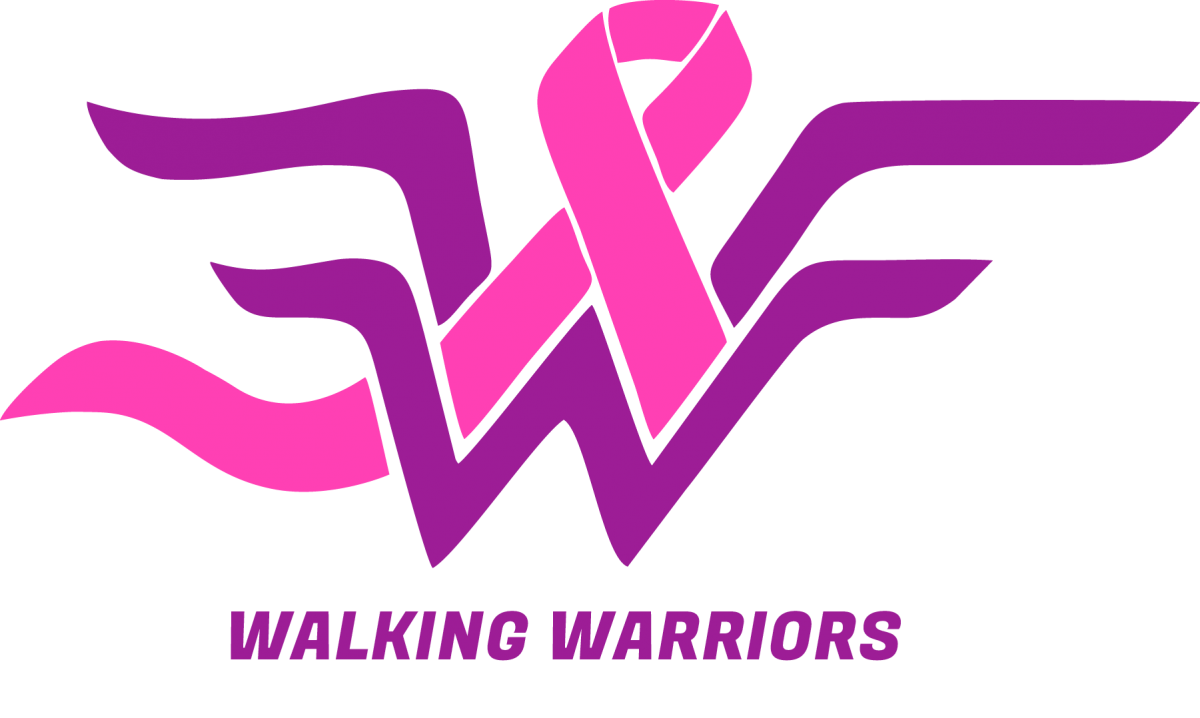 Walking Warriors logo in pink and purple incorporates the pink ribbon symbol of breast cancer research
