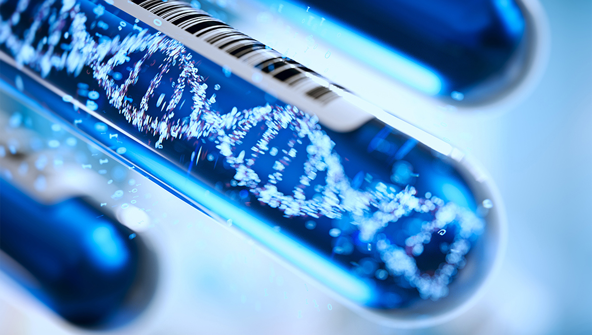A photoillustration features three test tubes, one containing a strand of DNA and bearing a bar code
