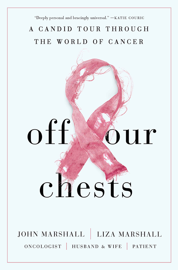 Image of the cover of the book Off Our Chests by John and Liza Marshall, which depicts a tattered pink ribbon