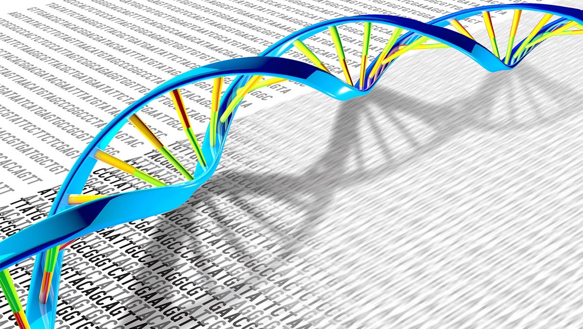 An illustration of a DNA double helix on a backdrop of letter representing genetic code