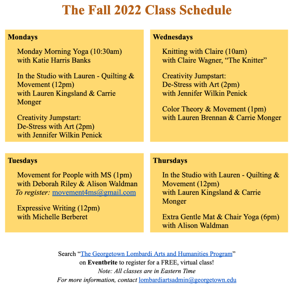 Handout provided to patients and staff members throughout the hospital listing the dates, times, and how to sign up for various classes.