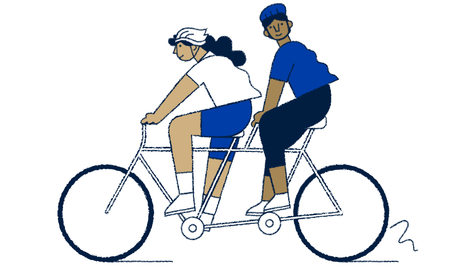 A graphic depicts two figures riding a tandem bicycle