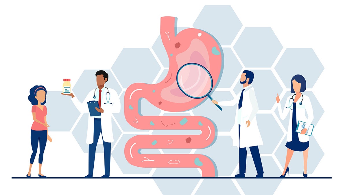 Illustration depicting doctors examining the digestive system and handing medication to a patient