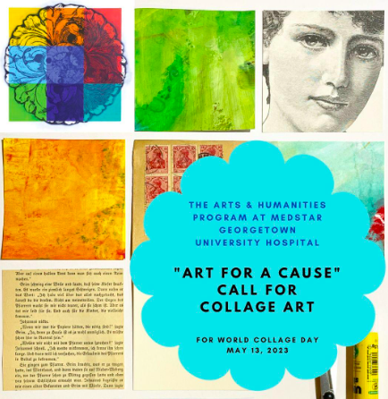 A message of "Art for a Cause": Call for Collage Art, with pictures of collages in the background.