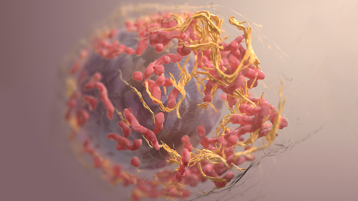 illustration of a melanoma cell in ribbons of color