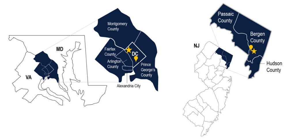 Two maps show the location of the areas Georgetown Lombardi serves in the DC metro area and northern New Jersey in dark blue, with counties labeled and two star and map point shapes