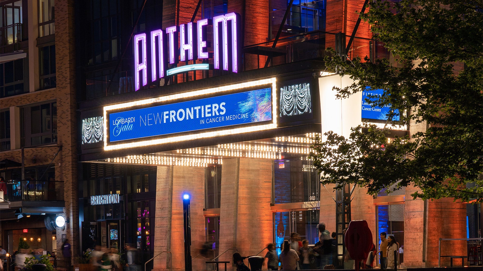 Exterior of The Anthem with marquee lit to say Lombardi Gala New Frontiers in Cancer Medicine