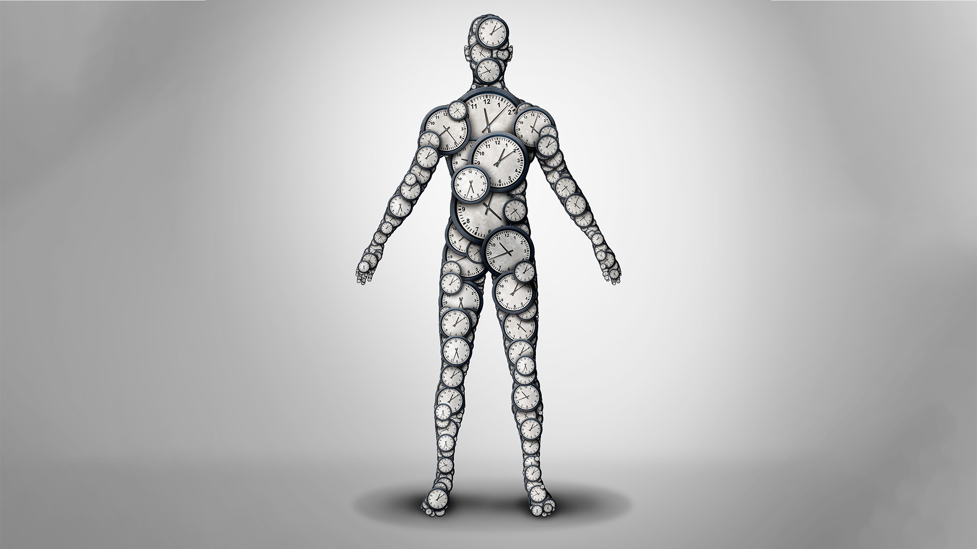 An illustration depicts a human body covered with clocks to represent aging