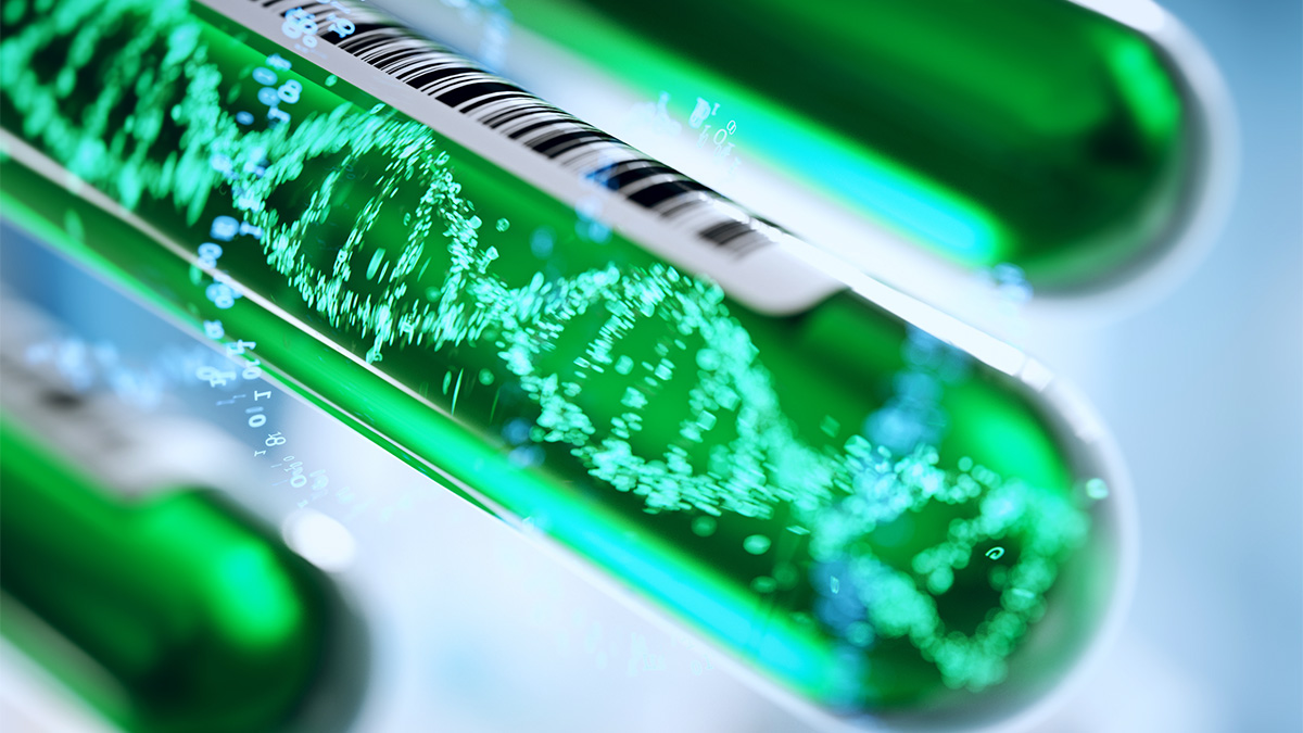 A photoillustration representing DNA being analyzed inside test tubes