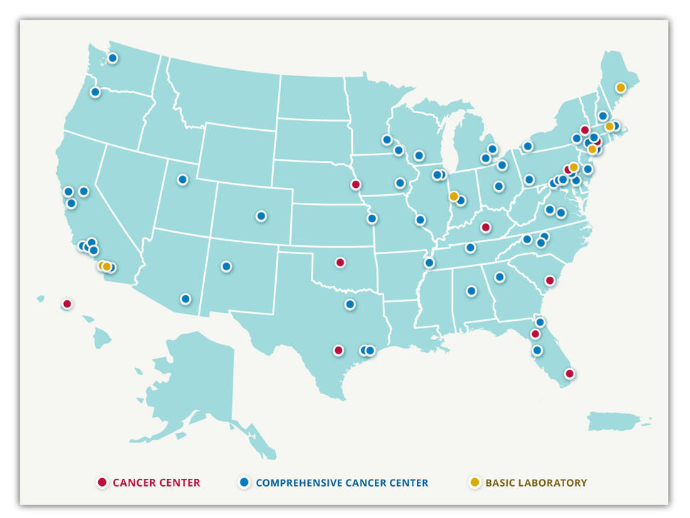 A map of the United States with the locations of NCI designated cancer centers indicated with small circles