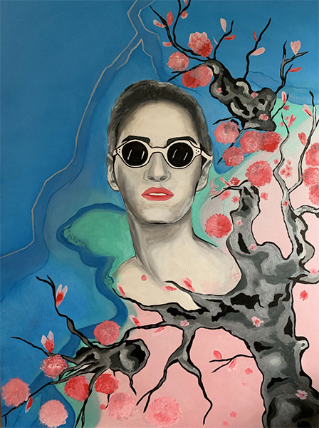 Painting depicting a female face wearing dark sunglasses, with cherry blossoms and tree branches against a blue background