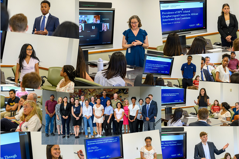A collage of images featuring students presenting their capstone internship projects to a group of fellow students and faculty