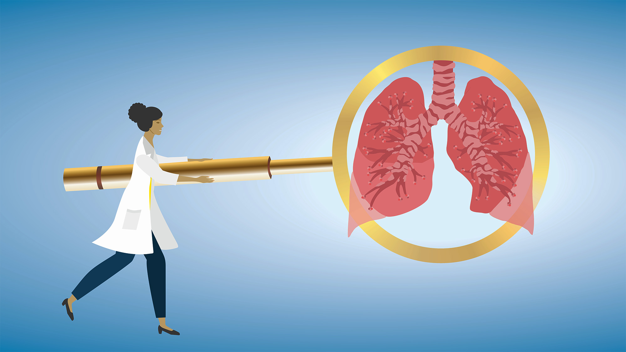 An illustration of a researcher looking through a magnifying glass at a pair of lungs