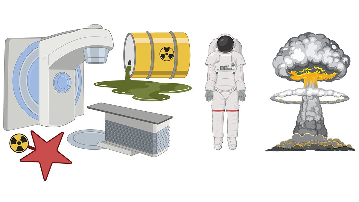 A group of illustrations depicting various ways in which radiation is used including an MRI, spacesuit, atomic bomb blast and barrel of toxic waste