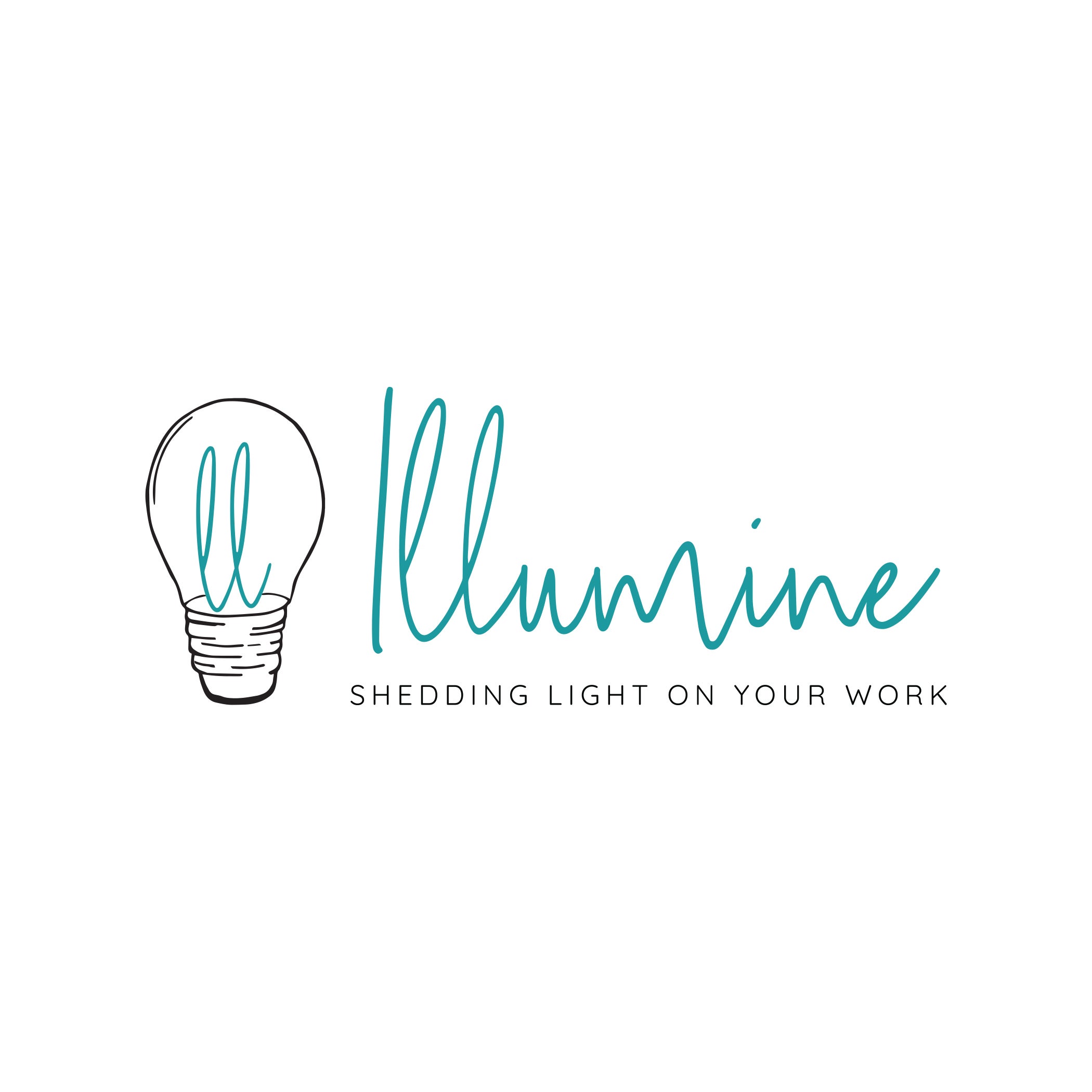 Illumine logo, two ll letters inside a lighting bulb and a tag line that reads shedding light on your work