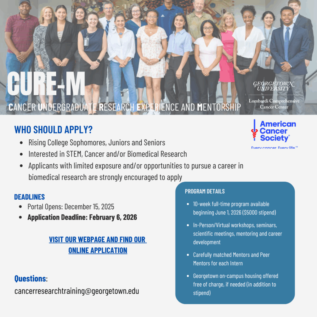 A picture of a group of students with the title of CURE-M and the information above described about who should apply, program details and the deadline February 6, 2026.