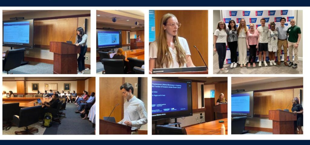 A collage of pictures with CURE-M students presenting that represents the last day of presentations.