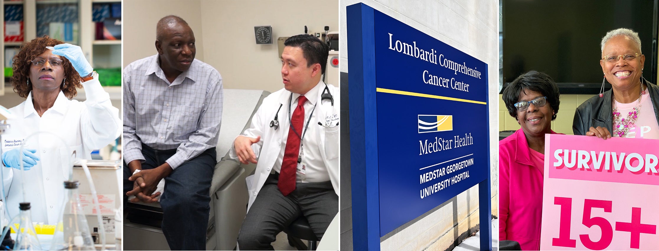A collage of images featuring a researcher, doctor patient interaction, sign for MedStar Health and two female breast cancer survivors holding a sign