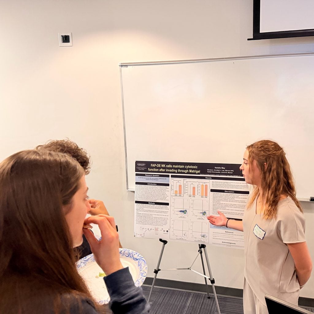 Young woman presenting a poster and two other listening.